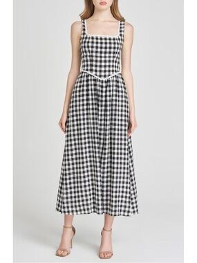 Wayf Black & White Gingham Square-Neck Maxi Dress